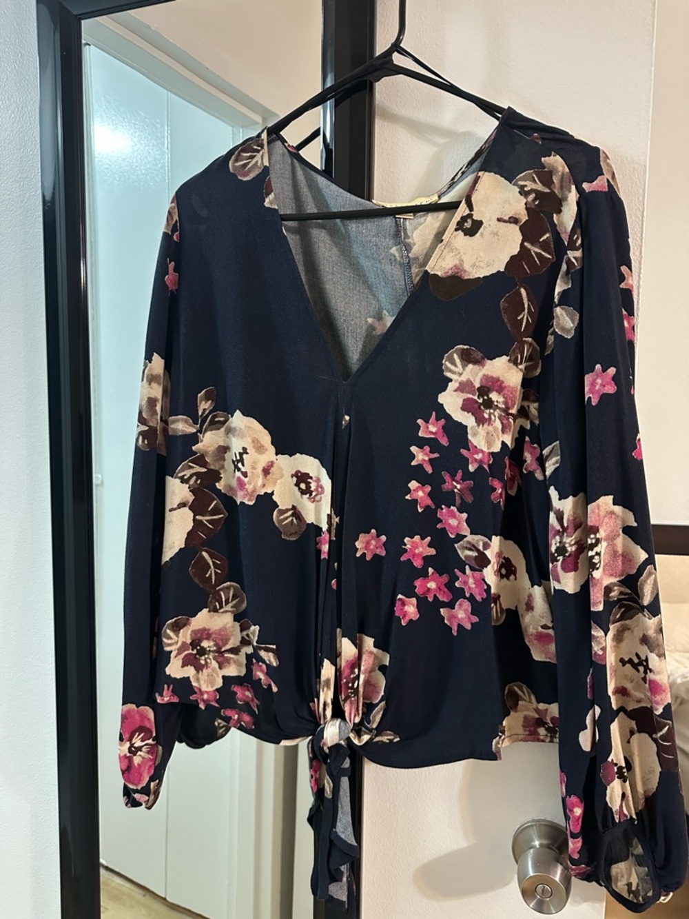 lovestitch Navy Floral Tie-Front V-Neck Blouse